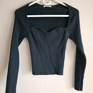 Lovet Dark Green Sweetheart Ribbed Knit Sculpt Longsleeve Pullover Sweater Large